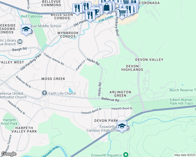 map of restaurants, bars, coffee shops, grocery stores, and more near 165 Hicks Road in Nashville