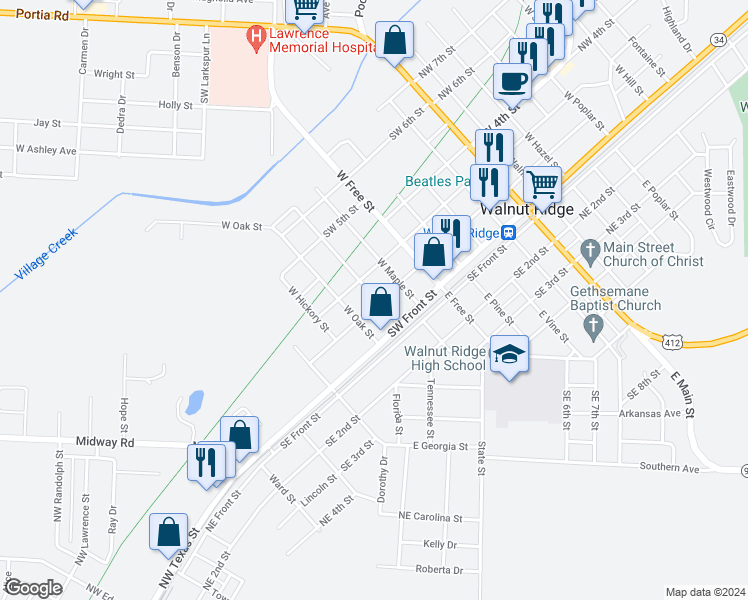 map of restaurants, bars, coffee shops, grocery stores, and more near 719 Southwest 2nd Street in Walnut Ridge