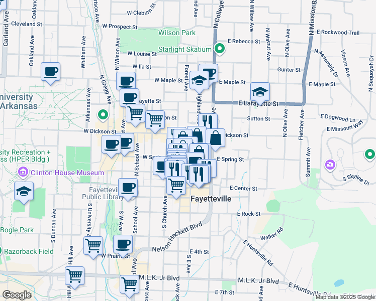 map of restaurants, bars, coffee shops, grocery stores, and more near 138 North East Avenue in Fayetteville
