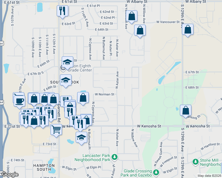 map of restaurants, bars, coffee shops, grocery stores, and more near 4421 West Norman Street in Broken Arrow
