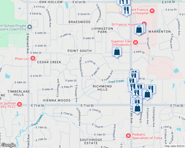 map of restaurants, bars, coffee shops, grocery stores, and more near 4315 East 68th Place in Tulsa