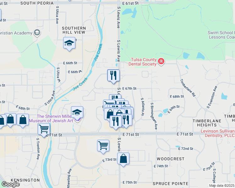 map of restaurants, bars, coffee shops, grocery stores, and more near 6744 South Lewis Avenue in Tulsa