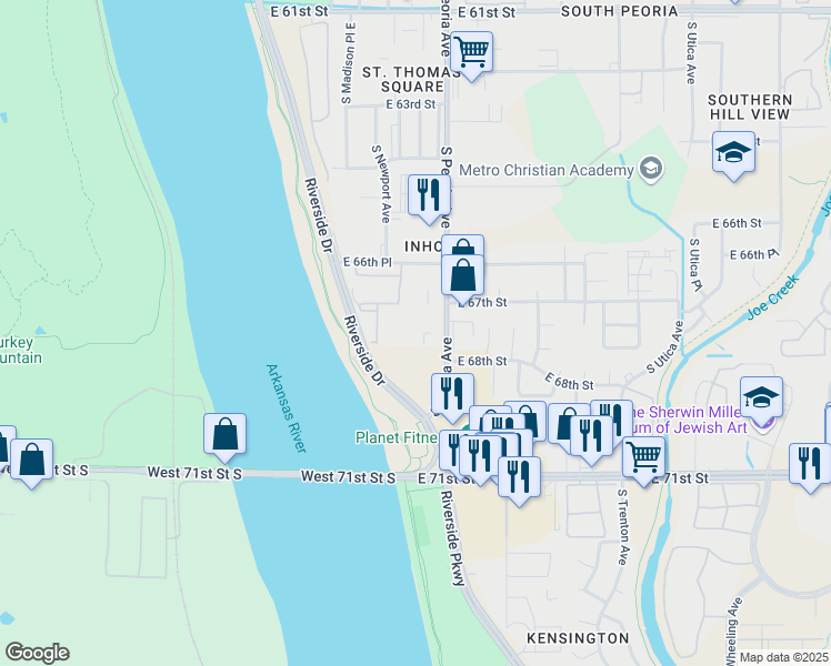 map of restaurants, bars, coffee shops, grocery stores, and more near 6720 South Peoria Avenue in Tulsa