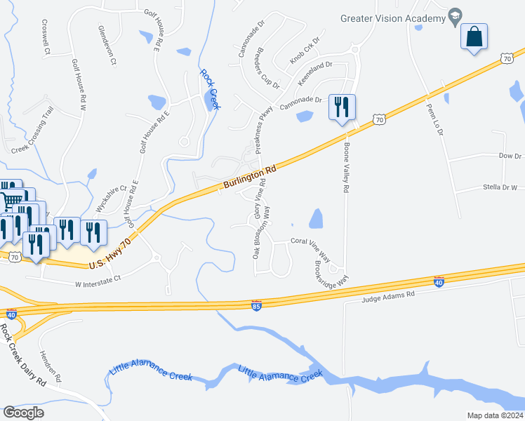 map of restaurants, bars, coffee shops, grocery stores, and more near 1024 Oak Blossom Way in Whitsett