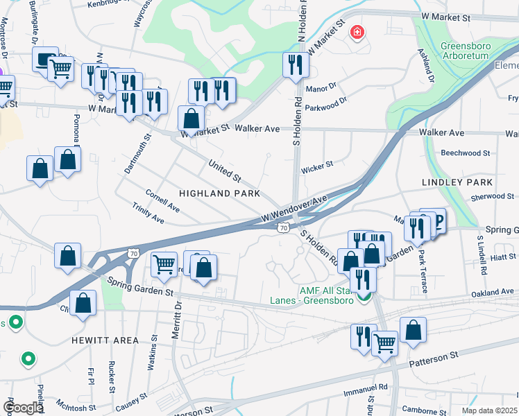 map of restaurants, bars, coffee shops, grocery stores, and more near 4204 Princeton Avenue in Greensboro