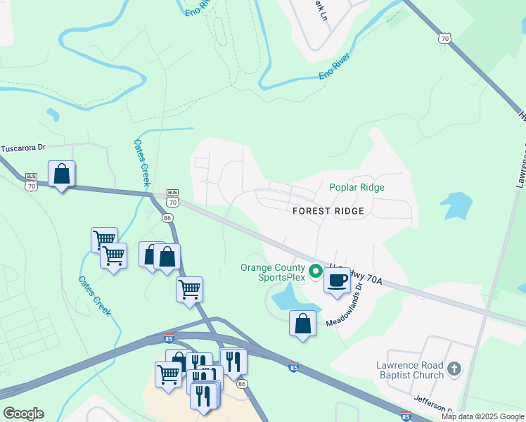 map of restaurants, bars, coffee shops, grocery stores, and more near 910 U.S. Highway 70A in Hillsborough