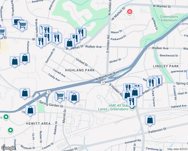 map of restaurants, bars, coffee shops, grocery stores, and more near 4204 Princeton Avenue in Greensboro