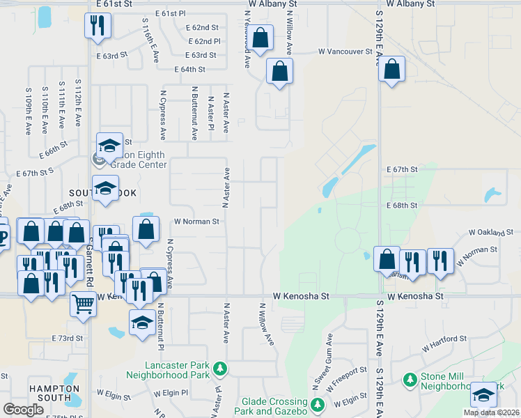 map of restaurants, bars, coffee shops, grocery stores, and more near 1305 North Yellowood Avenue in Broken Arrow