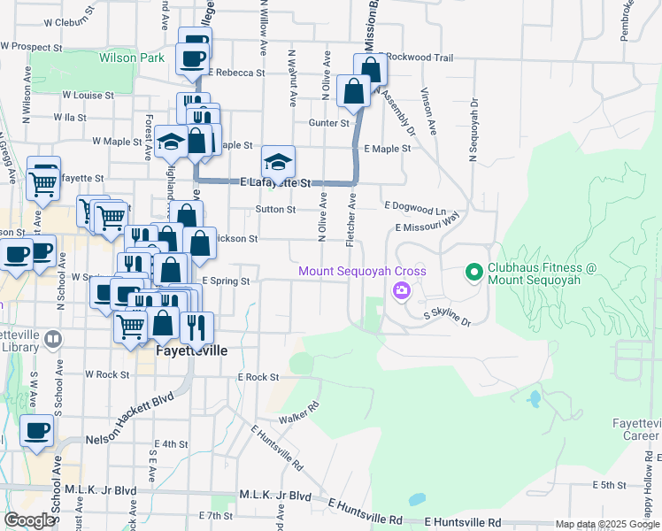 map of restaurants, bars, coffee shops, grocery stores, and more near 230 North Olive Avenue in Fayetteville