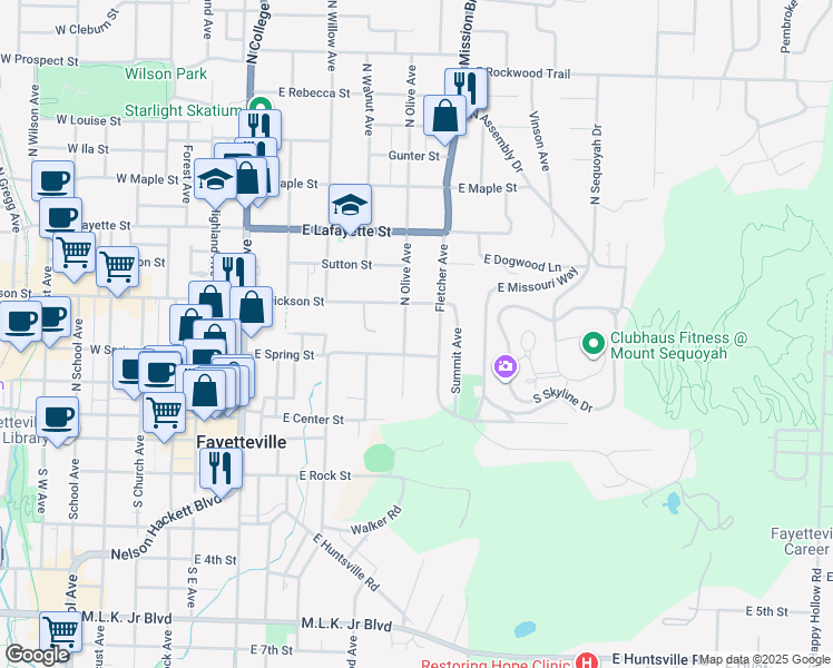 map of restaurants, bars, coffee shops, grocery stores, and more near 230 North Olive Avenue in Fayetteville