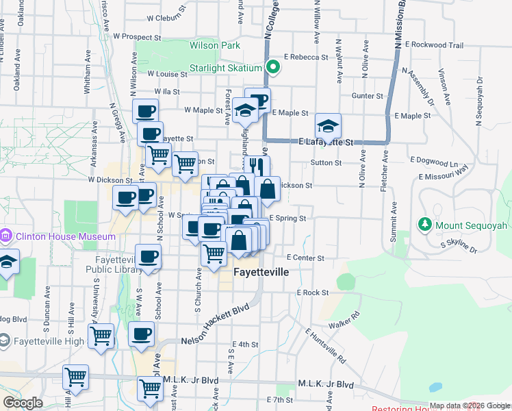 map of restaurants, bars, coffee shops, grocery stores, and more near 123 North College Avenue in Fayetteville