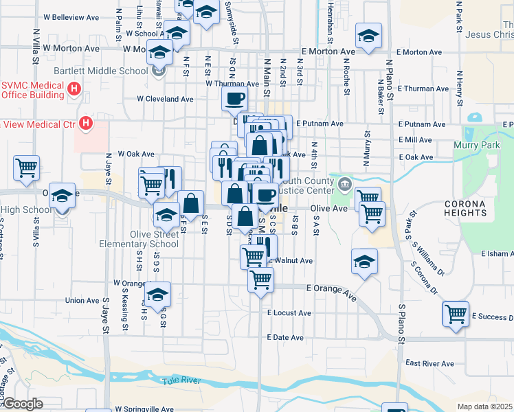 map of restaurants, bars, coffee shops, grocery stores, and more near  in Porterville