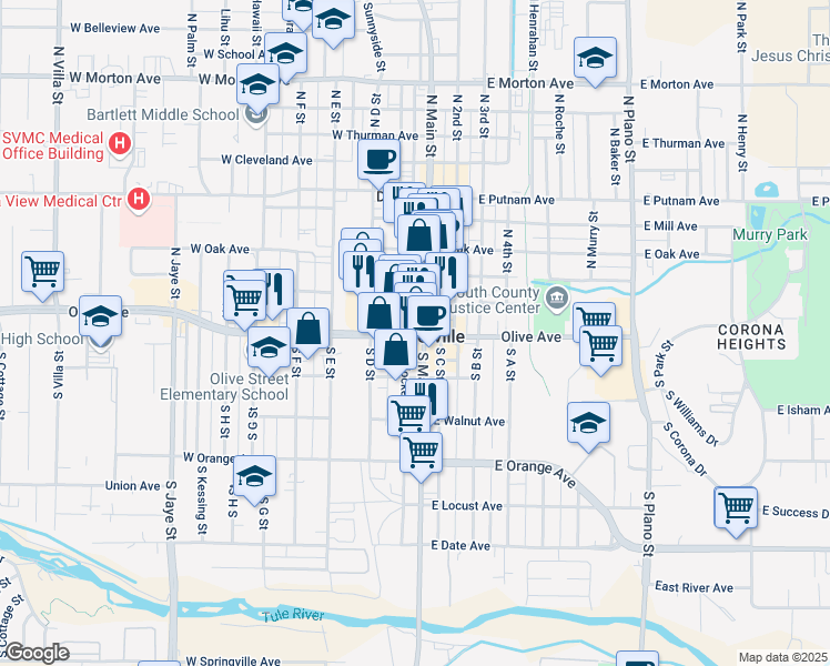 map of restaurants, bars, coffee shops, grocery stores, and more near 800 West Henderson Avenue in Porterville