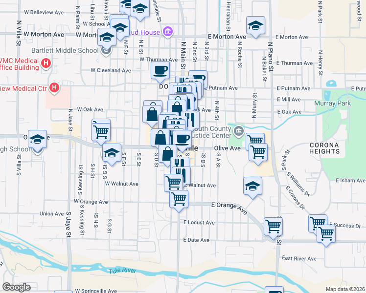 map of restaurants, bars, coffee shops, grocery stores, and more near 0 North Main Street in Porterville
