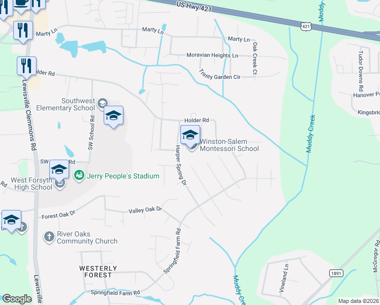 map of restaurants, bars, coffee shops, grocery stores, and more near 6050 Holder Road in Clemmons