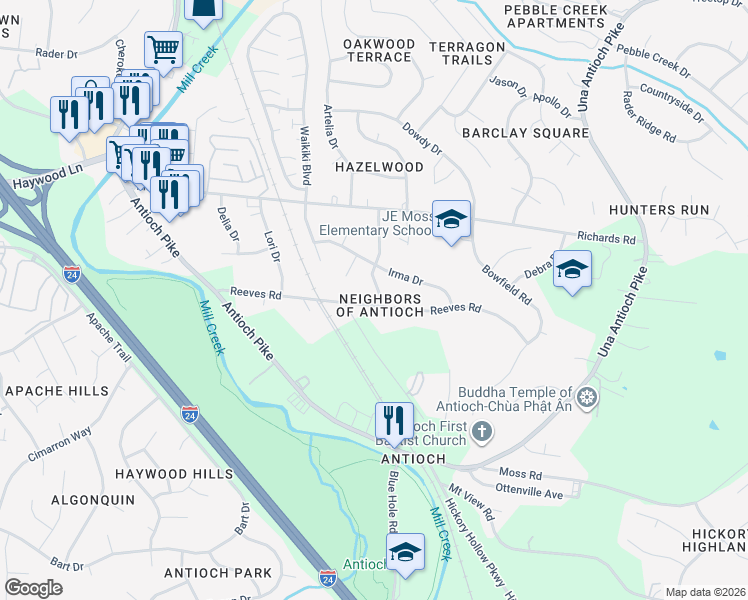 map of restaurants, bars, coffee shops, grocery stores, and more near 4810 Payne Road in Nashville