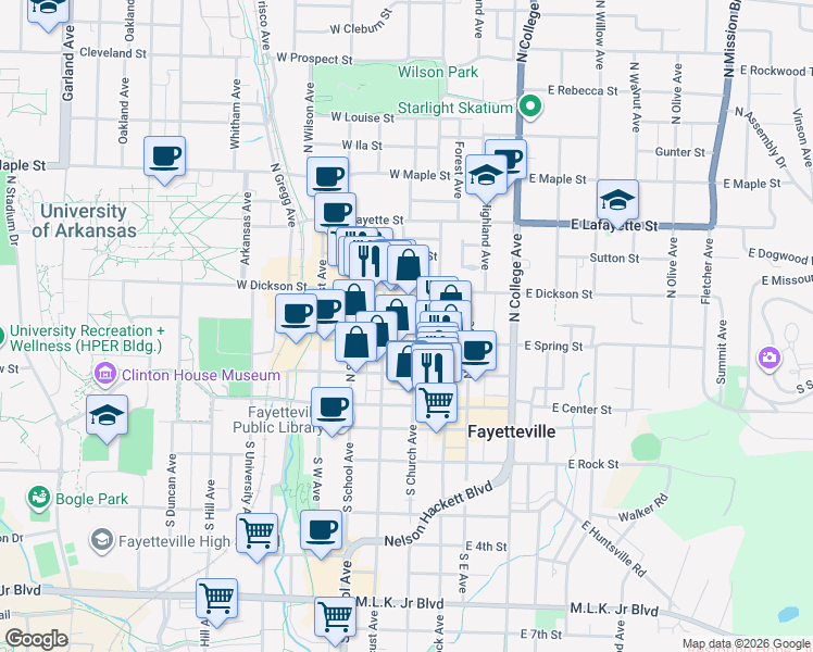 map of restaurants, bars, coffee shops, grocery stores, and more near 241 West Spring Street in Fayetteville
