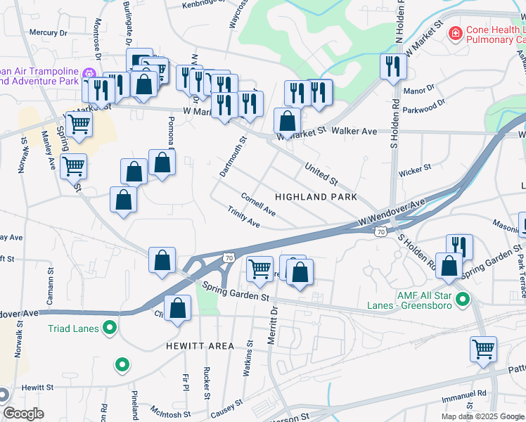 map of restaurants, bars, coffee shops, grocery stores, and more near 4312 Trinity Avenue in Greensboro