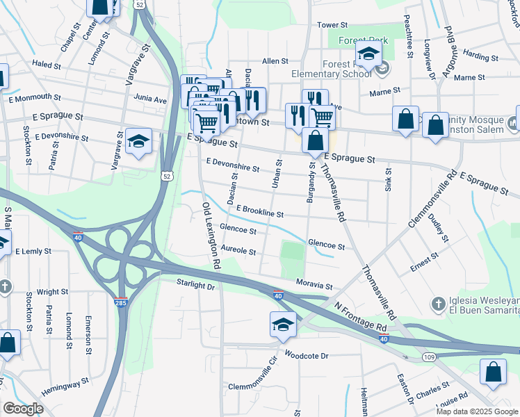 map of restaurants, bars, coffee shops, grocery stores, and more near 741 East Brookline Street in Winston-Salem
