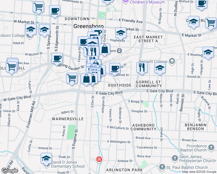 map of restaurants, bars, coffee shops, grocery stores, and more near 312 Martin Luther King Junior Drive in Greensboro