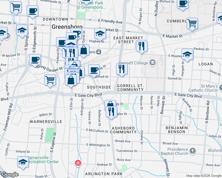 map of restaurants, bars, coffee shops, grocery stores, and more near 441 McAdoo Avenue in Greensboro