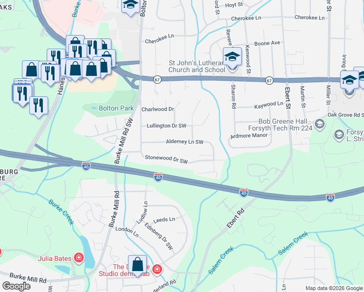 map of restaurants, bars, coffee shops, grocery stores, and more near 2601 Alderney Lane in Winston-Salem