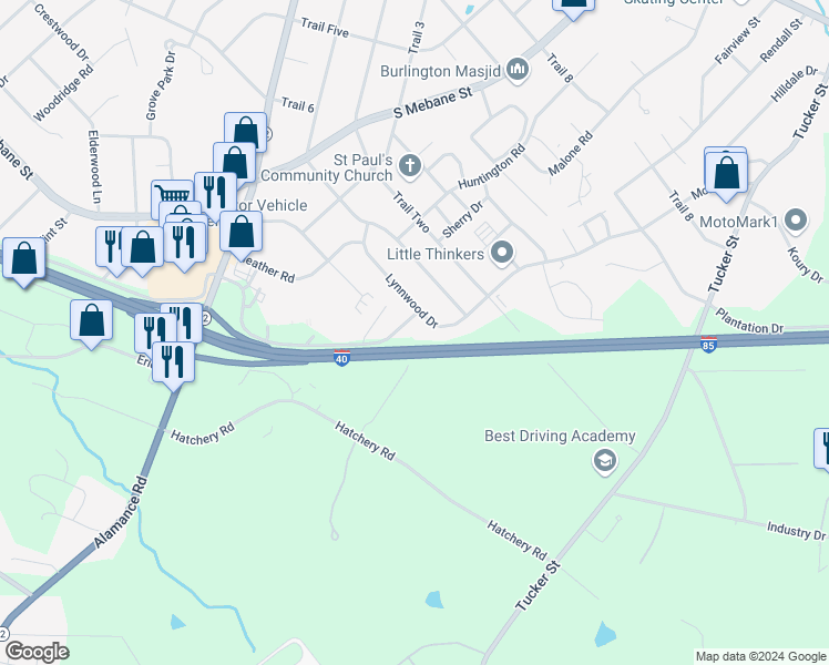 map of restaurants, bars, coffee shops, grocery stores, and more near 2728 Kirkwood Drive in Burlington