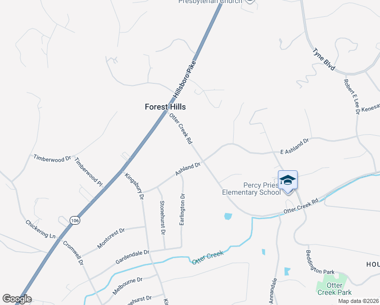 map of restaurants, bars, coffee shops, grocery stores, and more near 2001 Otter Creek Road in Forest Hills