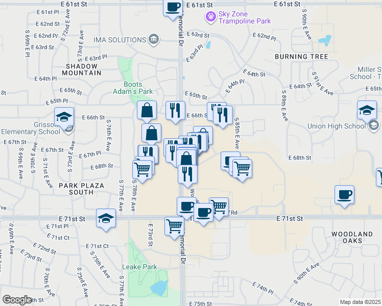map of restaurants, bars, coffee shops, grocery stores, and more near 6701 South Memorial Drive in Tulsa