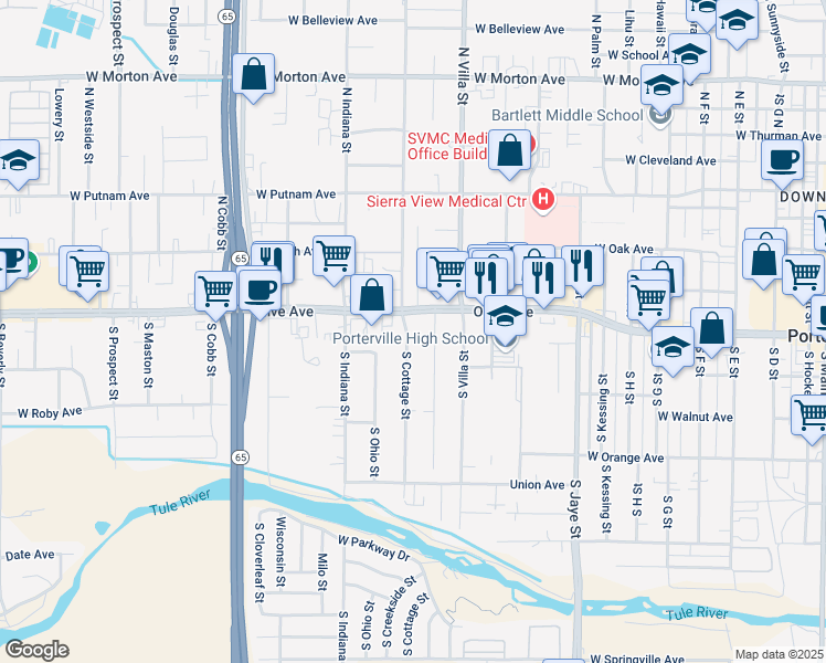 map of restaurants, bars, coffee shops, grocery stores, and more near 42 South Cottage Street in Porterville