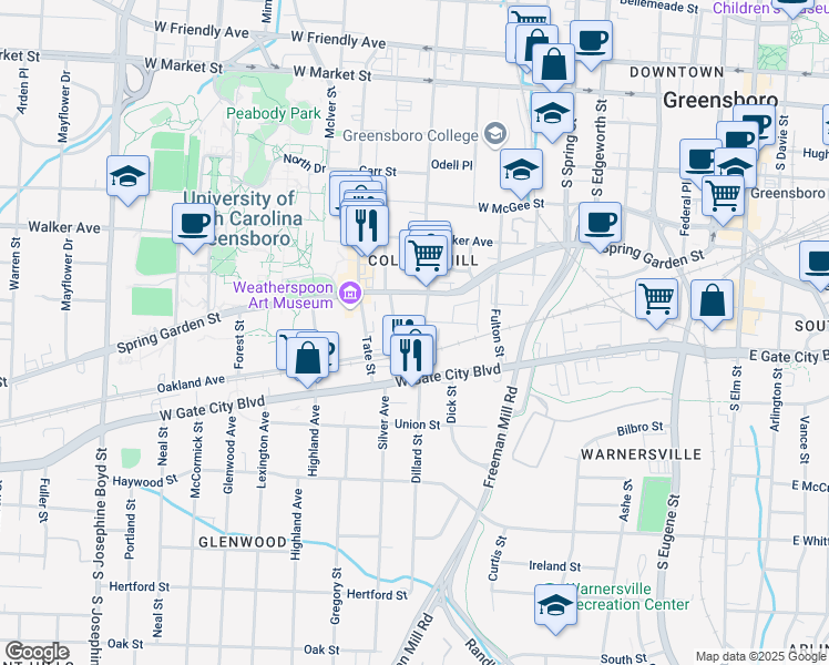 map of restaurants, bars, coffee shops, grocery stores, and more near in Greensboro