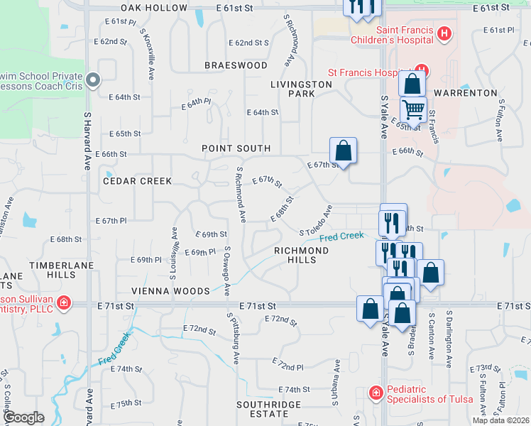 map of restaurants, bars, coffee shops, grocery stores, and more near in Tulsa