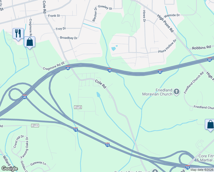 map of restaurants, bars, coffee shops, grocery stores, and more near 2685 Cole Road in Winston-Salem
