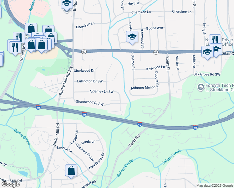 map of restaurants, bars, coffee shops, grocery stores, and more near 2536 Alderney Lane in Winston-Salem