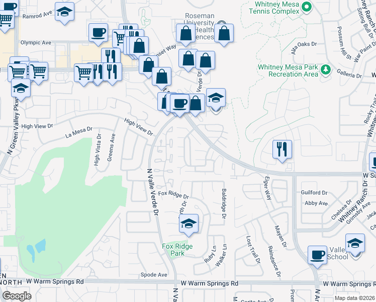 map of restaurants, bars, coffee shops, grocery stores, and more near 671 Pepper Tree Circle in Henderson