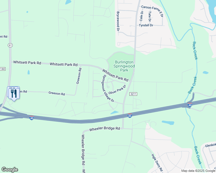 map of restaurants, bars, coffee shops, grocery stores, and more near 7320 Garett Park Drive in Whitsett