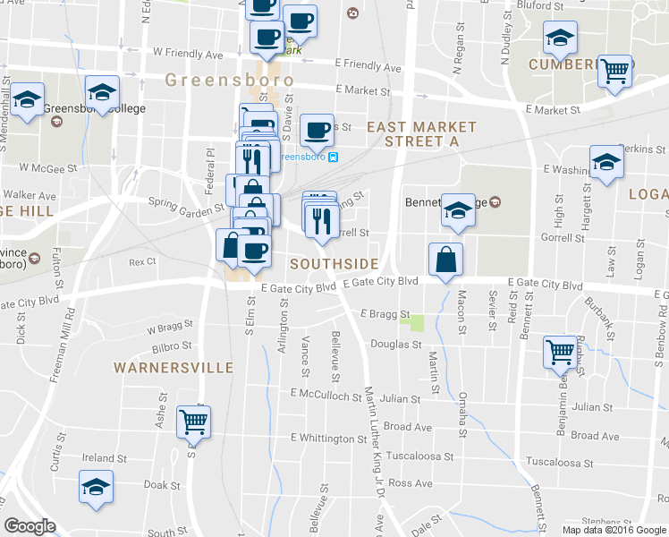 map of restaurants, bars, coffee shops, grocery stores, and more near 349 Martin Luther King Junior Drive in Greensboro