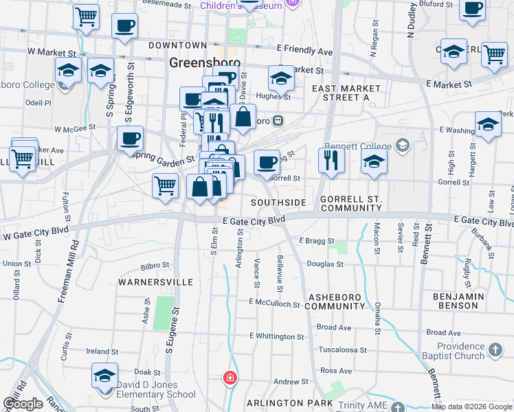 map of restaurants, bars, coffee shops, grocery stores, and more near 312 Martin Luther King Junior Drive in Greensboro