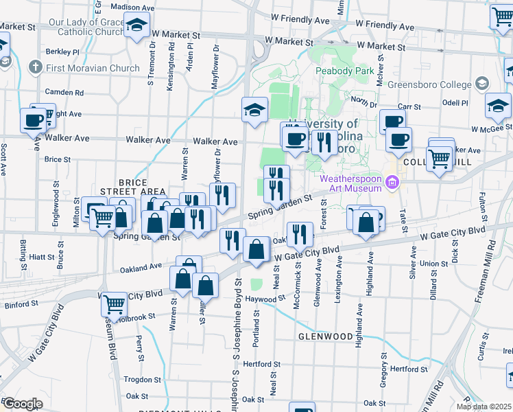 map of restaurants, bars, coffee shops, grocery stores, and more near 530 South Josephine Boyd Street in Greensboro