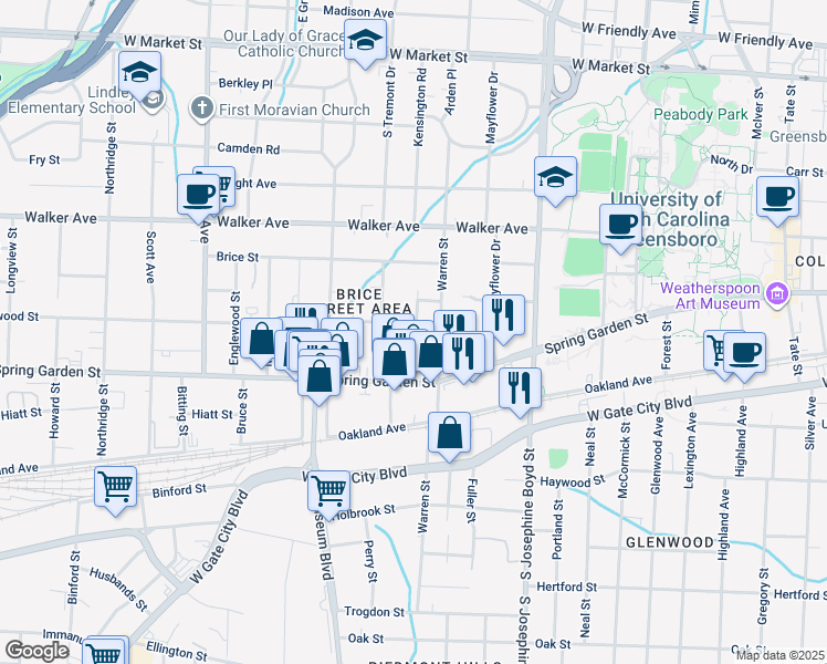map of restaurants, bars, coffee shops, grocery stores, and more near 118 Poe Street in Greensboro
