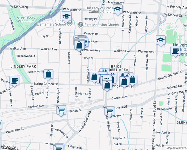 map of restaurants, bars, coffee shops, grocery stores, and more near 709 Milton Street in Greensboro