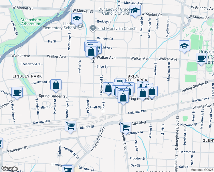 map of restaurants, bars, coffee shops, grocery stores, and more near 709 Milton Street in Greensboro