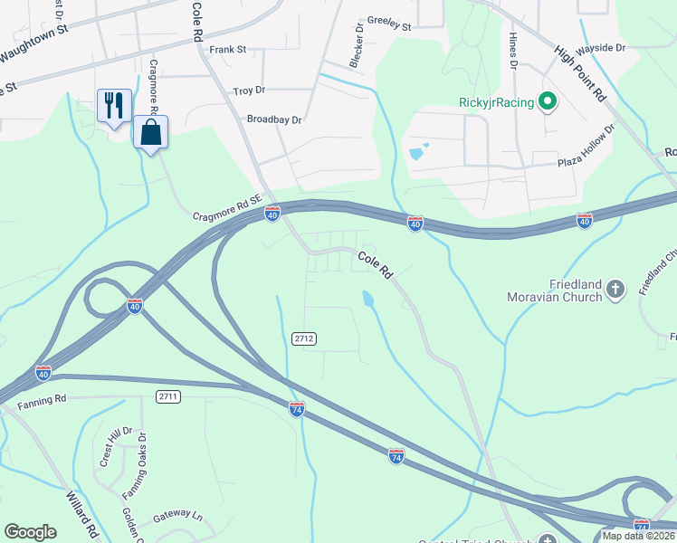 map of restaurants, bars, coffee shops, grocery stores, and more near 801 Meadow Ridge Court in Winston-Salem