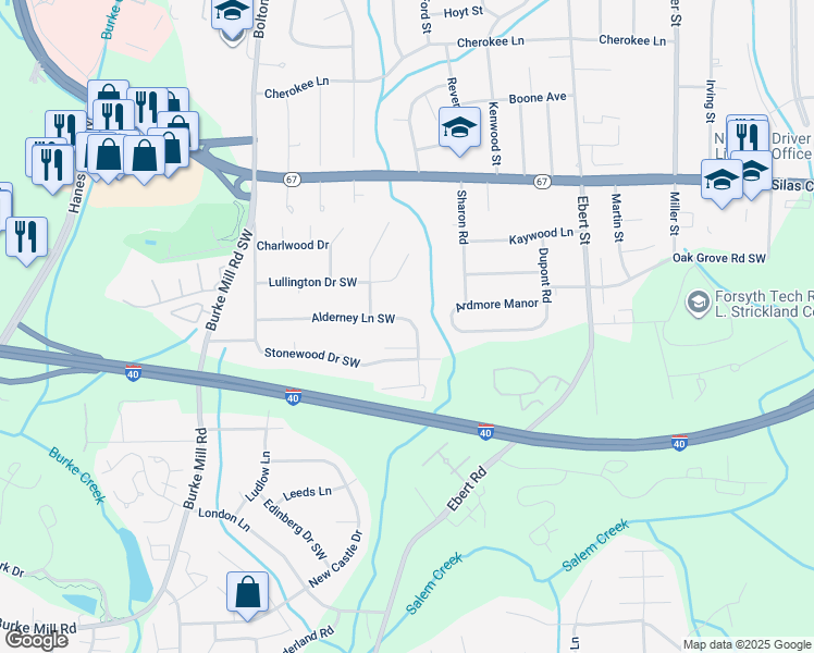 map of restaurants, bars, coffee shops, grocery stores, and more near 2536 Alderney Lane in Winston-Salem