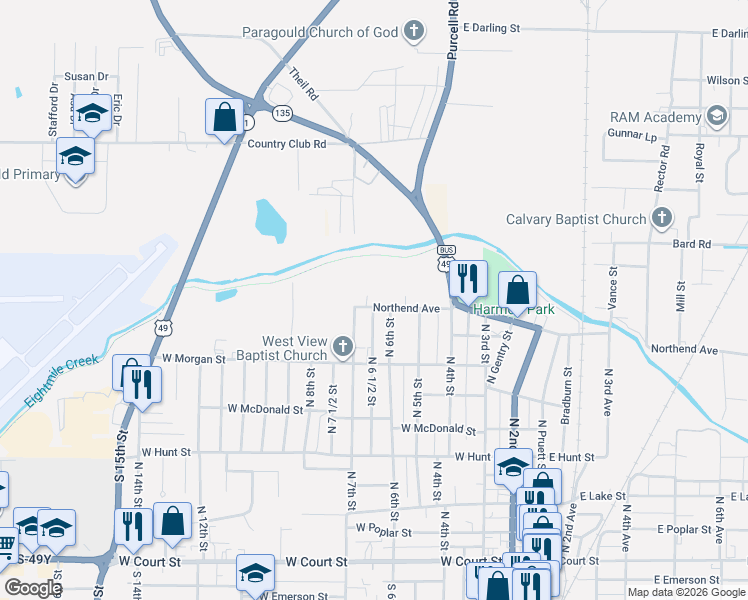 map of restaurants, bars, coffee shops, grocery stores, and more near 832 North 6th Street in Paragould