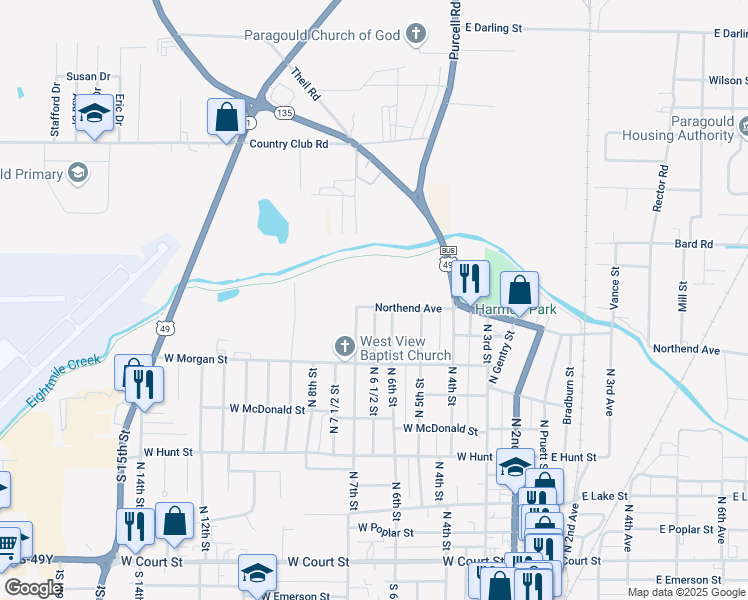 map of restaurants, bars, coffee shops, grocery stores, and more near 832 North 6th Street in Paragould