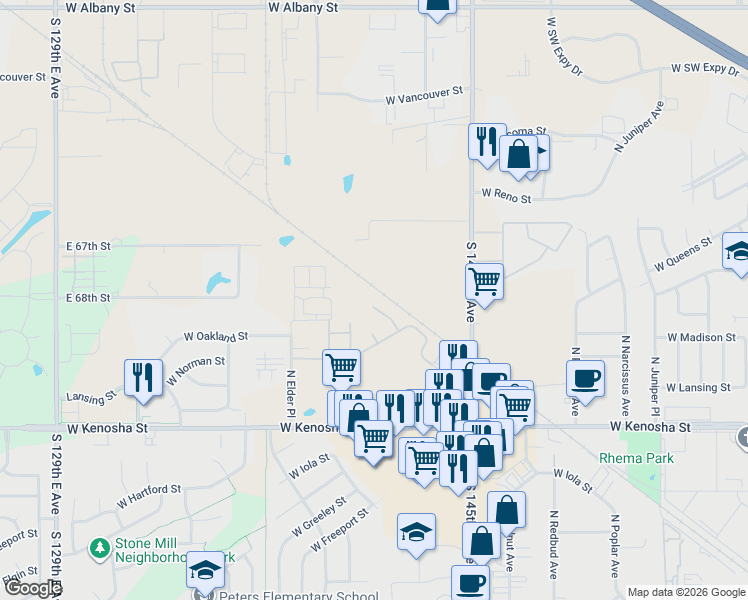 map of restaurants, bars, coffee shops, grocery stores, and more near 2602 West Oakland Place in Broken Arrow
