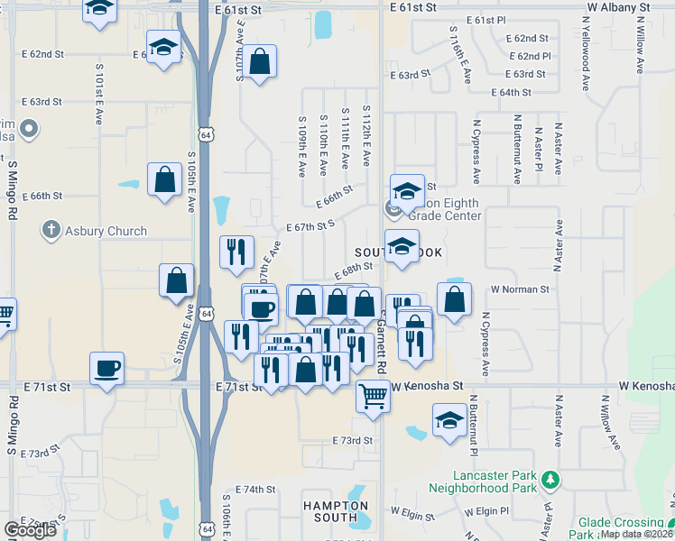 map of restaurants, bars, coffee shops, grocery stores, and more near 6726 South 111th East Avenue in Tulsa