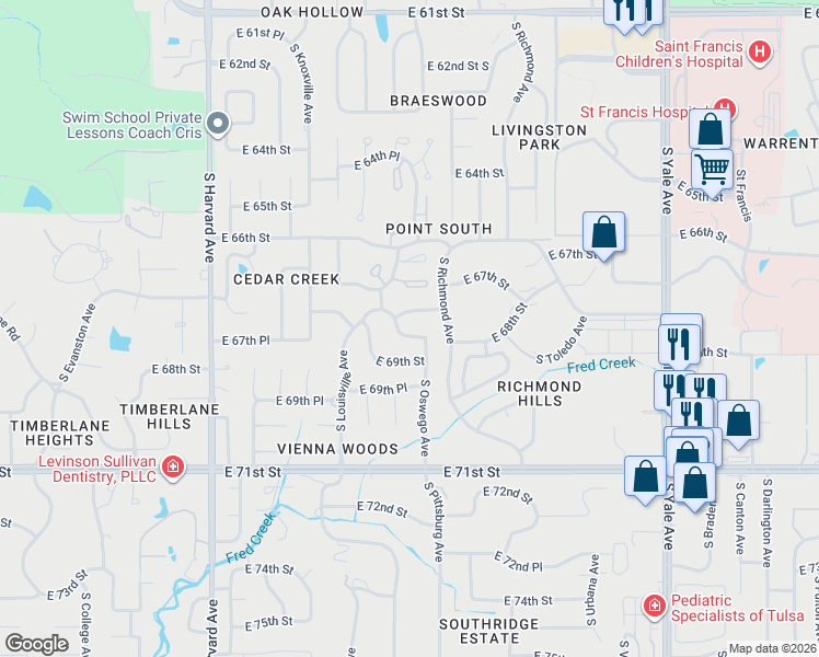 map of restaurants, bars, coffee shops, grocery stores, and more near 4005 East 67th Street in Tulsa