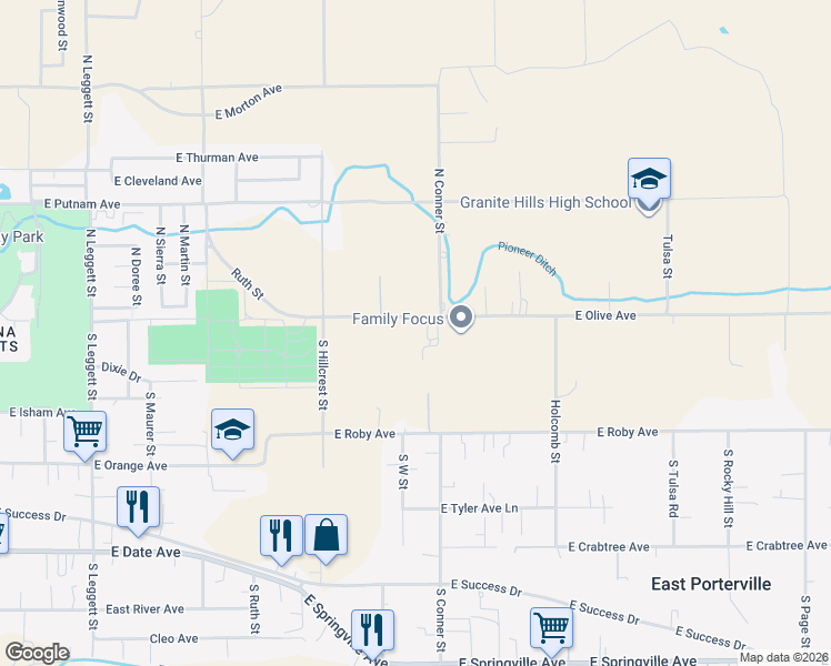 map of restaurants, bars, coffee shops, grocery stores, and more near 1300-1484 East Olive Avenue in Porterville